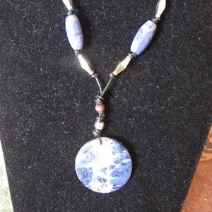 Women's 13" Silver/Blue/White/Tan Beaded Black Corded Necklace